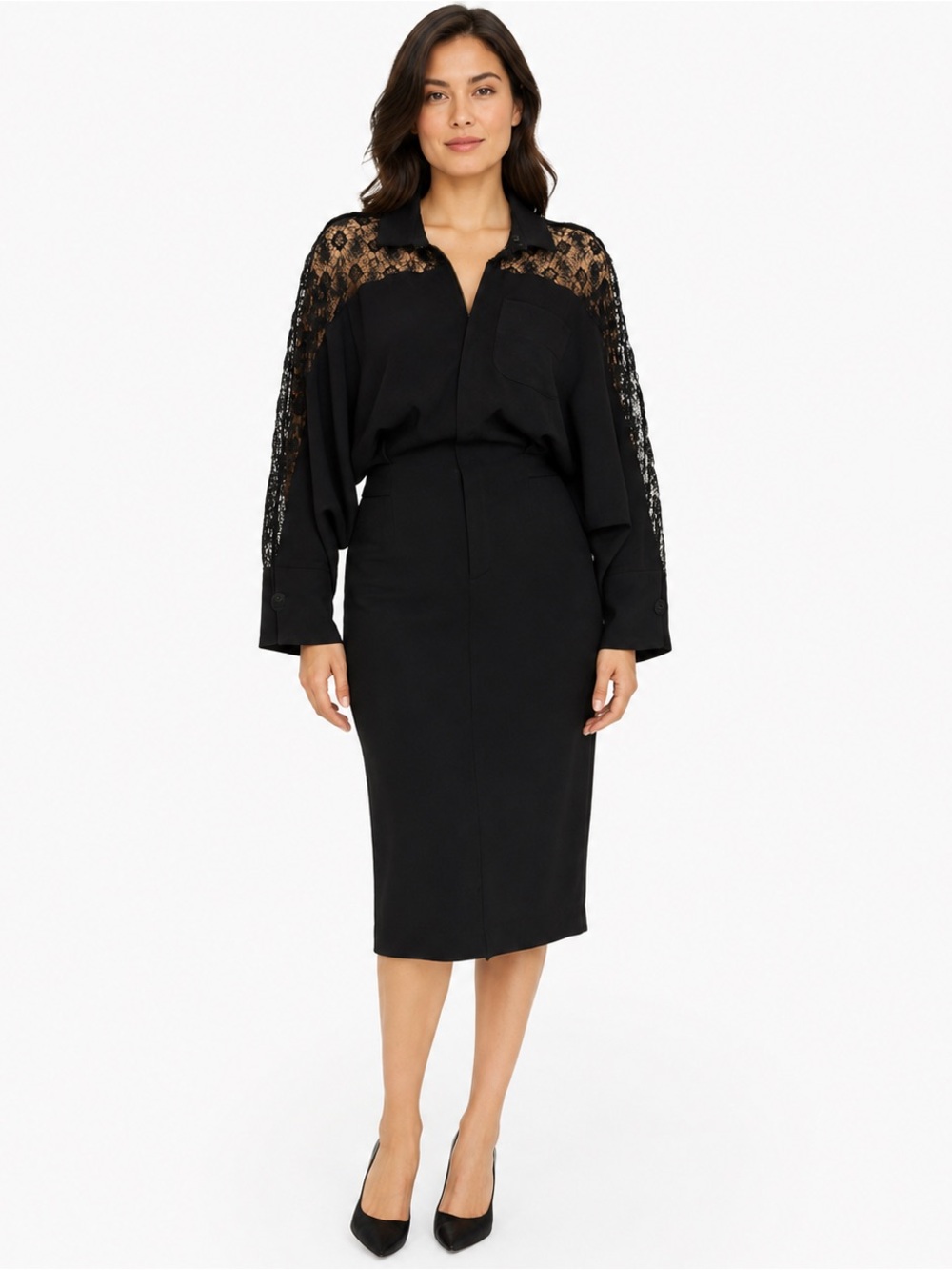 Roland Mouret Black abstract Lace Trompe L’Oeil Blouson Pencil Dress US 10